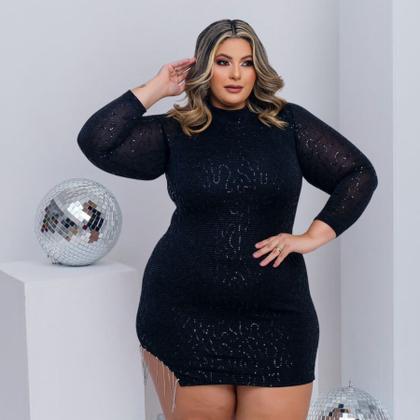 Imagem de Vestido Plus Size Paetê Curto Moda Balada Manga Longa 0591