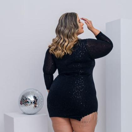 Imagem de Vestido Plus Size Paetê Curto Moda Balada Manga Longa 0591