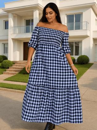 Imagem de Vestido Plus Size Xadrez Longo Meia Estação Manga Comprida Lastex Ajustável Rodado Festa Junina