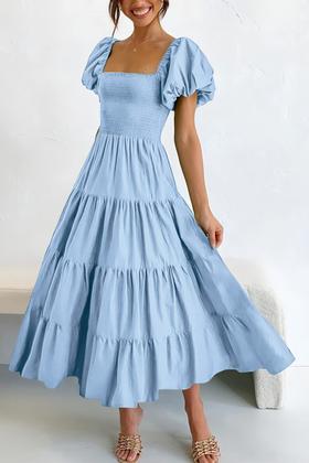 Imagem de Vestido PRETTYGARDEN Feminino Midi com Mangas Bufantes Azul Claro XL