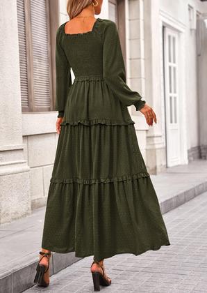 Imagem de Vestido PRETTYGARDEN Maxi con Escote Cuadrado Fruncido en Verde Militar, Talla S