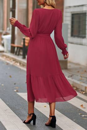 Imagem de Vestido PRETTYGARDEN Vinho Manga Longa Transpassado Midi M