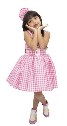 Imagem de Vestido Rosa Infantil Xadrez Boneca Pink Princesa com Tiara