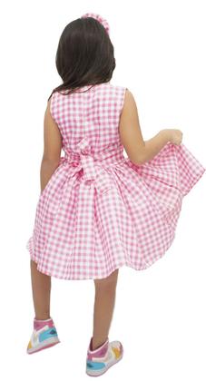 Imagem de Vestido Rosa Infantil Xadrez Boneca Pink Princesa com Tiara