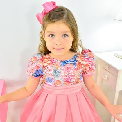 Imagem de Vestido Rosa Salmão com Estampa Floral Efeito 3D para Menina