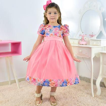 Imagem de Vestido Rosa Salmão com Estampa Floral Efeito 3D para Menina