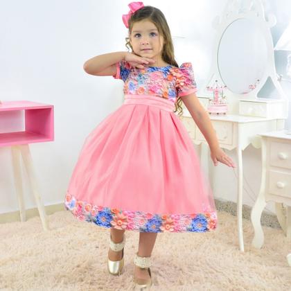 Imagem de Vestido Rosa Salmão com Estampa Floral Efeito 3D para Menina
