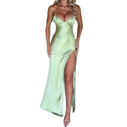 Imagem de Vestido Sexy De Cetim Sem Costas Com Alças Finas, Fenda Lateral, Estilo Y2K, Bodycon, Com Amarração,