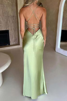 Imagem de Vestido Sexy De Cetim Sem Costas Com Alças Finas, Fenda Lateral, Estilo Y2K, Bodycon, Com Amarração,