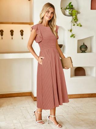 Imagem de Vestido Simplee feminino listrado, com babados, mangas curtas, vermelho