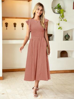 Imagem de Vestido Simplee feminino listrado, com babados, mangas curtas, vermelho