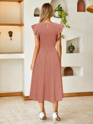 Imagem de Vestido Simplee feminino listrado, com babados, mangas curtas, vermelho