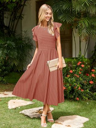 Imagem de Vestido Simplee feminino listrado, com babados, mangas curtas, vermelho