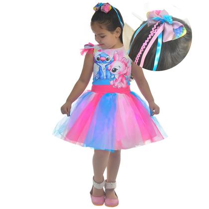 Imagem de Vestido Stitch e Angel - Saia Tutu Colorido Luxo + Laço Cabelo