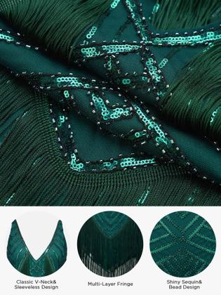 Imagem de Vestido SWEETV Great Gatsby Green Flapper 1920s com acessórios