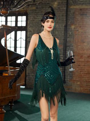 Imagem de Vestido SWEETV Great Gatsby Green Flapper 1920s com acessórios
