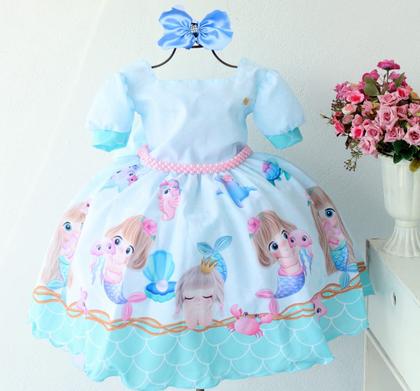 Imagem de Vestido Tema Sereia Baby Fundo Do Mar Luxo Com Tiara
