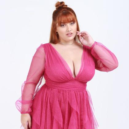 Imagem de Vestido tendencia para madrinhas de casamento e formandas longo plus size tule com brilho saia cascata maresias