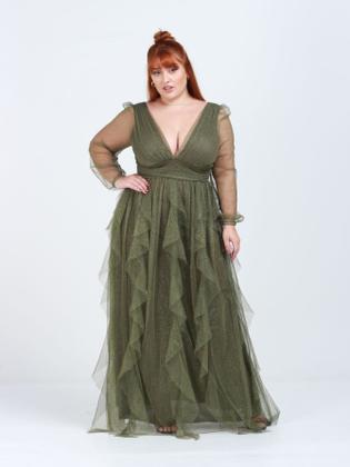 Imagem de Vestido tendencia para madrinhas de casamento e formandas longo plus size tule com brilho saia cascata maresias