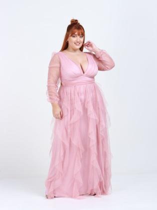 Imagem de Vestido tendencia para madrinhas de casamento e formandas longo plus size tule com brilho saia cascata maresias