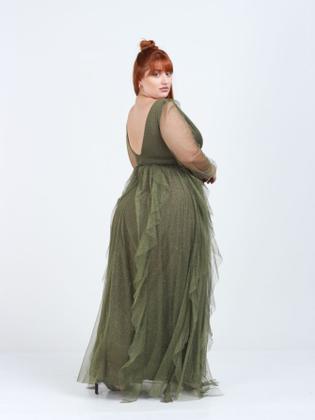 Imagem de Vestido tendencia para madrinhas de casamento e formandas longo plus size tule com brilho saia cascata maresias