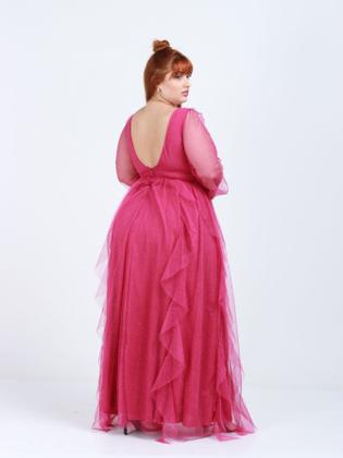 Imagem de Vestido tendencia para madrinhas de casamento e formandas longo plus size tule com brilho saia cascata maresias