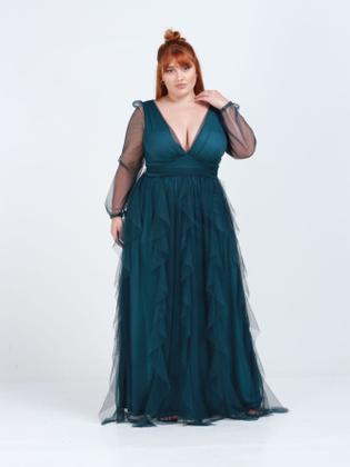 Imagem de Vestido tendencia para madrinhas de casamento e formandas longo plus size tule com brilho saia cascata maresias