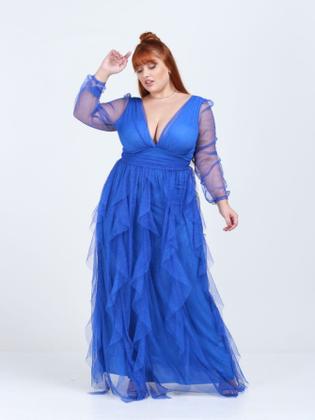 Imagem de Vestido tendencia para madrinhas de casamento e formandas longo plus size tule com brilho saia cascata maresias