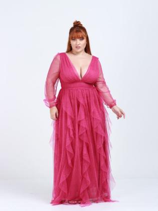 Imagem de Vestido tendencia para madrinhas de casamento e formandas longo plus size tule com brilho saia cascata maresias