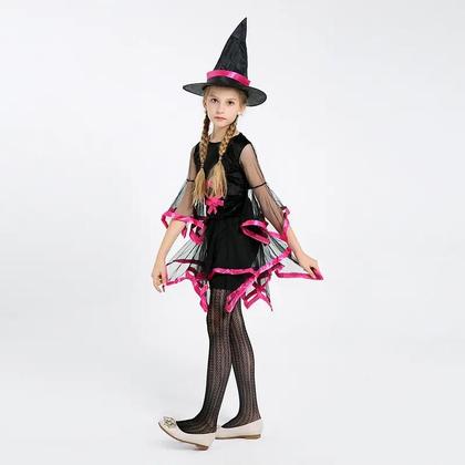 Imagem de Vestido Traje Fantasia Infantil Juvenil Luxo Festa de Halloween Dia das Bruxas Bruxinha Rosa e Preto + Chapéu