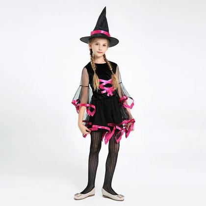 Imagem de Vestido Traje Fantasia Infantil Juvenil Luxo Festa de Halloween Dia das Bruxas Bruxinha Rosa e Preto + Chapéu