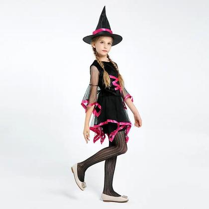 Imagem de Vestido Traje Fantasia Infantil Juvenil Luxo Festa de Halloween Dia das Bruxas Bruxinha Rosa e Preto + Chapéu