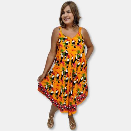 Imagem de Vestido Trapézio Indiano Alças Estampado Tucano e Folhas