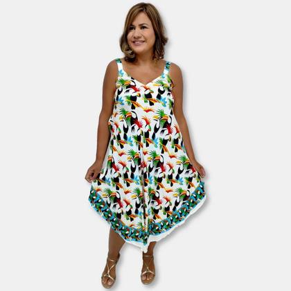 Imagem de Vestido Trapézio Indiano Alças Estampado Tucano e Folhas