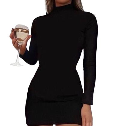 Imagem de Vestido Tubinho Justo Colado Curto Manga Longa Gola Alta