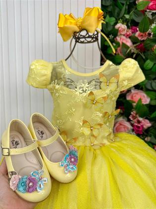 Imagem de Vestido Vila Lele Longo Jardim Encantado com Borboletas Amarelo para Meninas