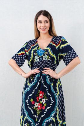 Imagem de Vestido viscose bordado com detalhes em rosa longo estampado com flores MHIN403