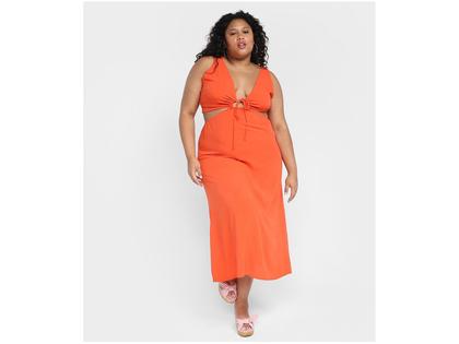 Imagem de Vestido Vista Magalu Midi Evasê Fenda Cintura Decote Anel