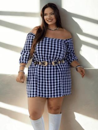Imagem de Vestido Xadrez Adulto Curto Plus Size Inverno Meia Estação Manga 3/4 Ajustável Moda Festa Junina