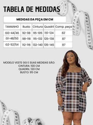 Imagem de Vestido Xadrez Adulto Curto Plus Size Inverno Meia Estação Manga 3/4 Ajustável Moda Festa Junina
