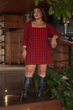 Imagem de Vestido Xadrez Adulto Curto Plus Size Manga Inverno Ajustável Modelador Coleção 2025 Lançamento