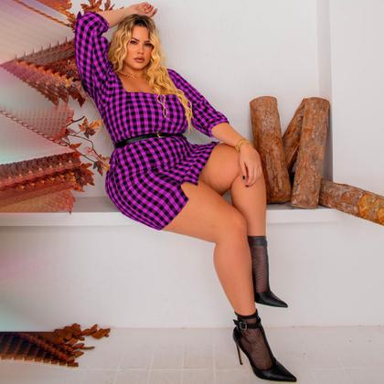 Imagem de Vestido Xadrez Adulto Plus Size Curto Manga 3/4 Meia Estação Inverno Modelador Festa Junina Country