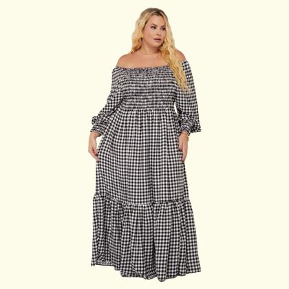 Imagem de Vestido Xadrez Feminino Longo Moda Evangélica Plus Size Lastex Multiuso