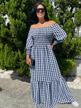 Imagem de Vestido xadrez manga longa plus size feminino ajustável ao corpo adulto festa junina