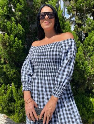 Imagem de Vestido xadrez manga longa plus size feminino ajustável ao corpo adulto festa junina