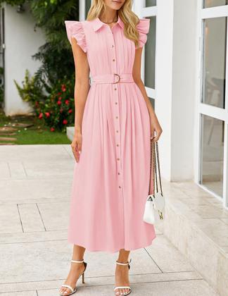 Imagem de Vestido ZESICA 2025 Summer Boho Button Midi com decote em V rosa para mulheres
