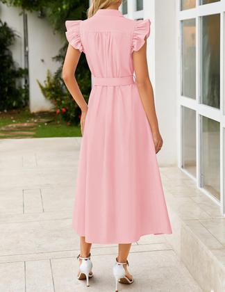 Imagem de Vestido ZESICA 2025 Summer Boho Button Midi com decote em V rosa para mulheres