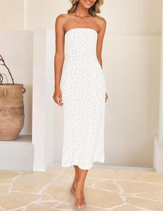 Imagem de Vestido ZESICA 2025 Summer Boho Floral Sem Alças Bodycon Branco