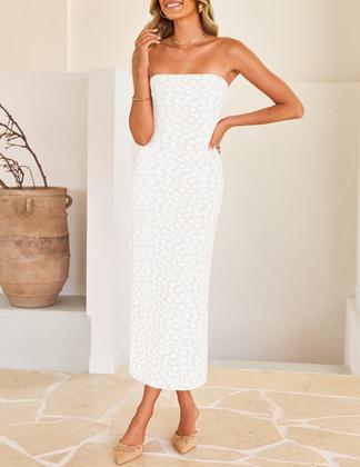 Imagem de Vestido ZESICA 2025 Summer Boho Floral Sem Alças Bodycon Branco
