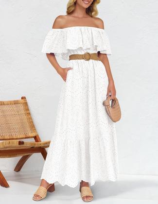 Imagem de Vestido ZESICA 2025 Summer Off Shoulder com babados bordado branco